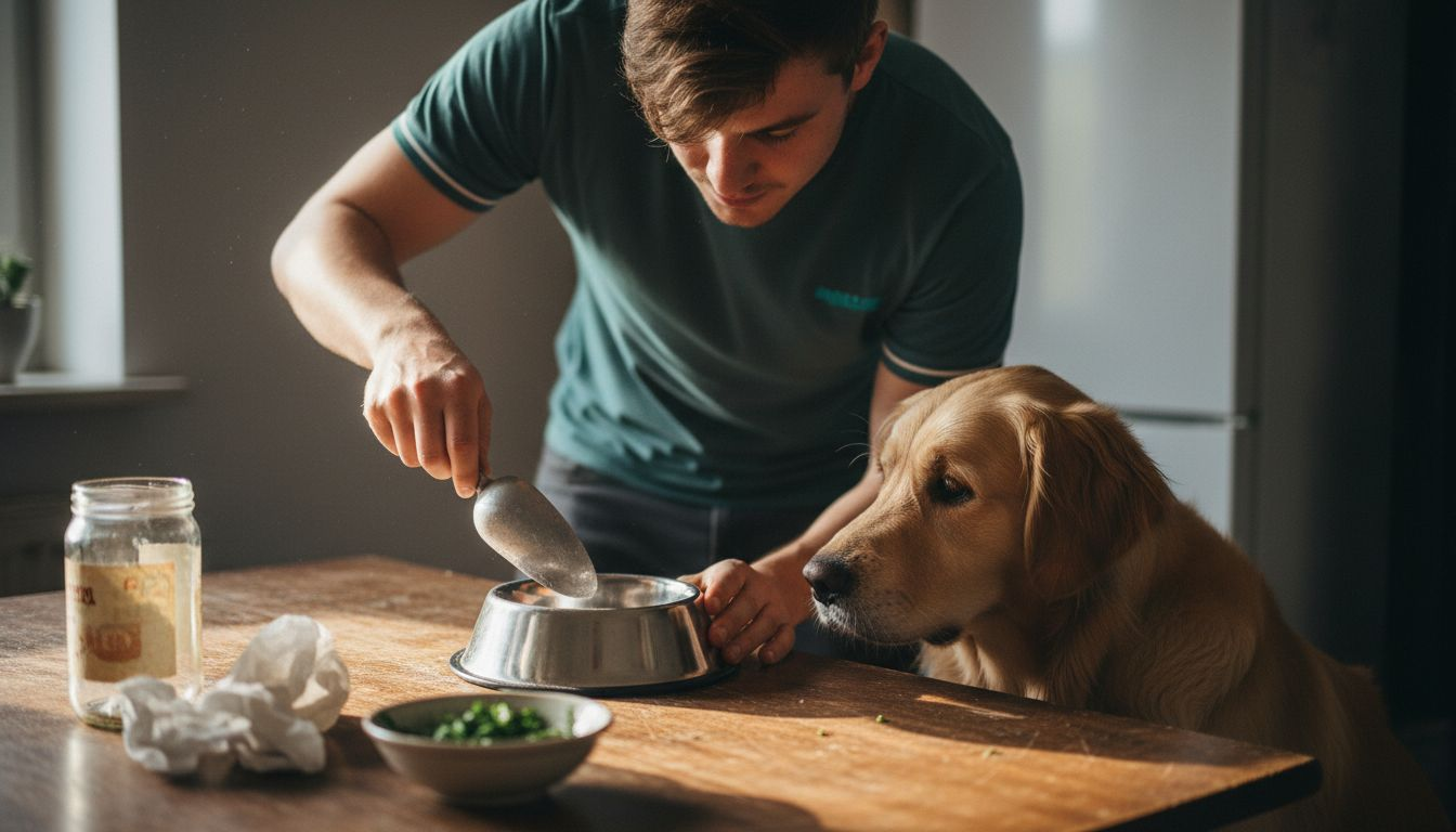 Ein Mann gibt seinem Hund spezielle Nahrungsergänzungen ins Futter.