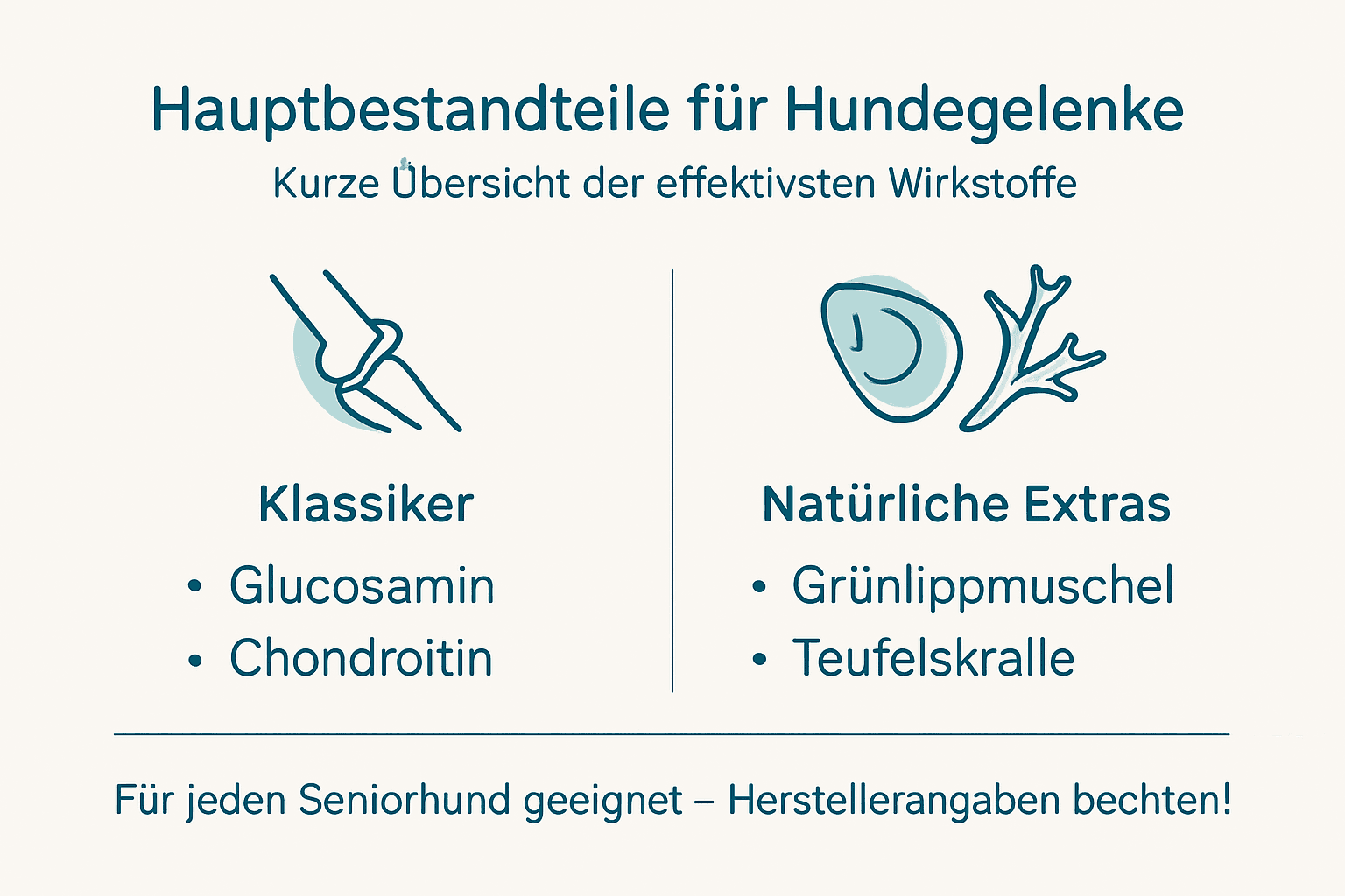 Infografik: Die wichtigsten Inhaltsstoffe für Gelenksupplemente beim Hund auf einen Blick