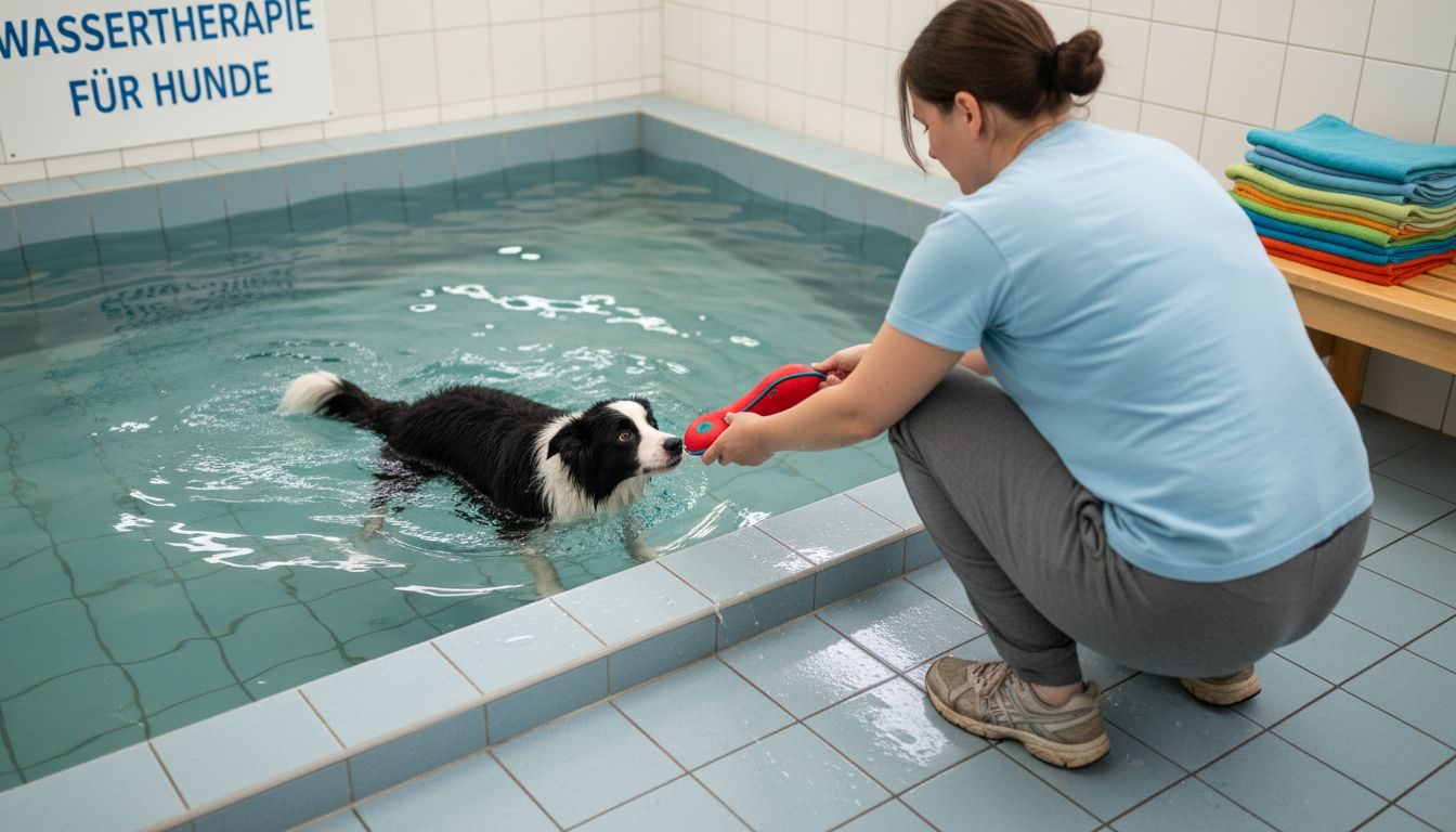 Gemeinsam mit seiner Physiotherapeutin dreht der Hund im Wasserbecken seine Runden.