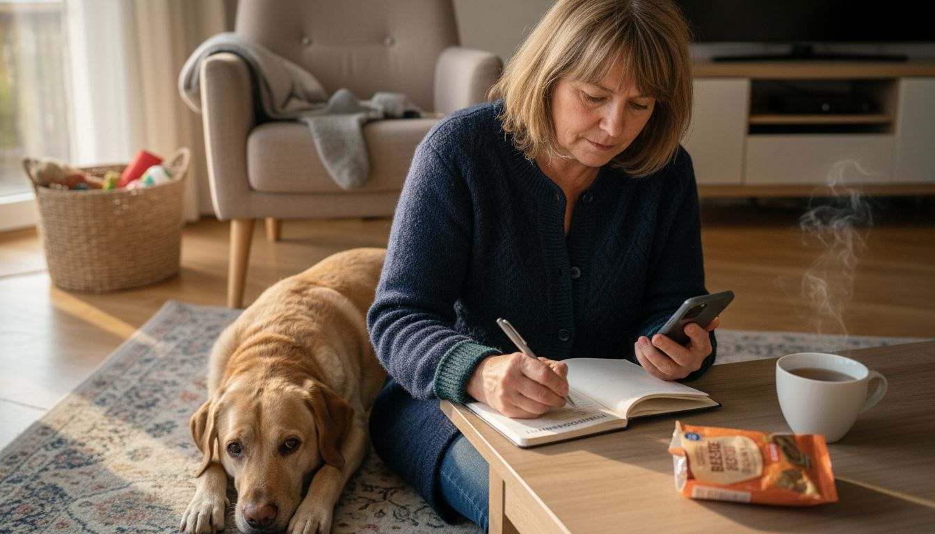 Eine Frau hält die Symptome ihres Hundes zu Hause schriftlich fest.