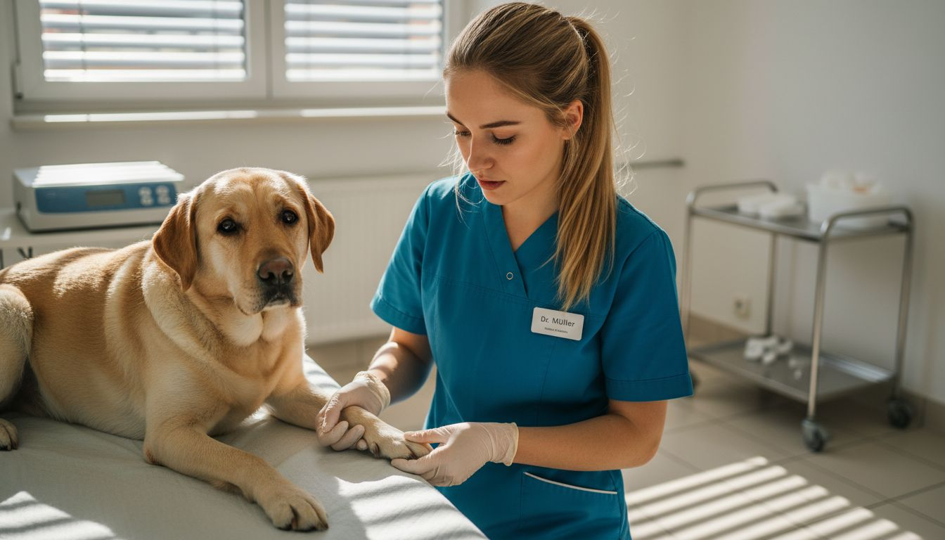 In der Tierarztpraxis wird ein Hund von der Ärztin gründlich untersucht.