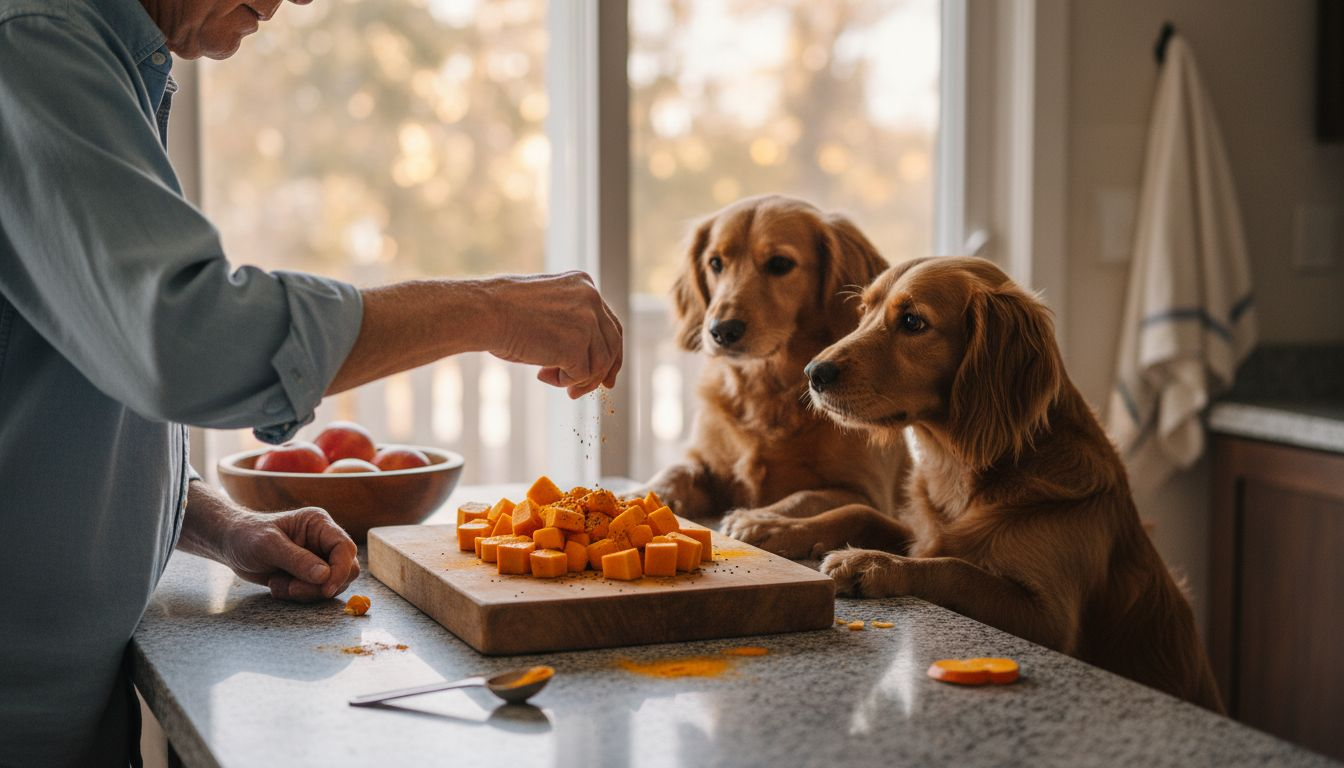 Während jemand in der Küche gesunde Superfoods zubereitet, beobachten die neugierigen Hunde gespannt das Geschehen.
