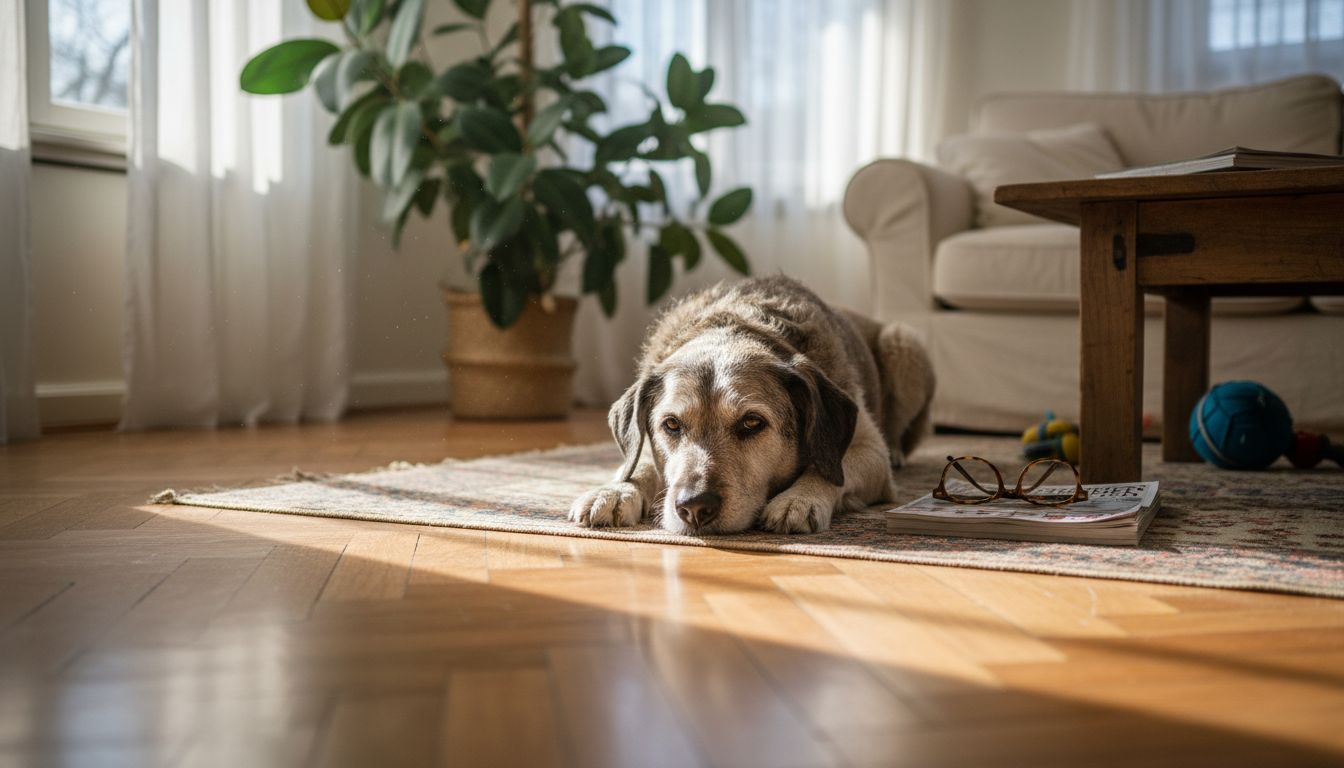 Ein älterer Hund genießt die warmen Sonnenstrahlen im gemütlichen Wohnzimmer.