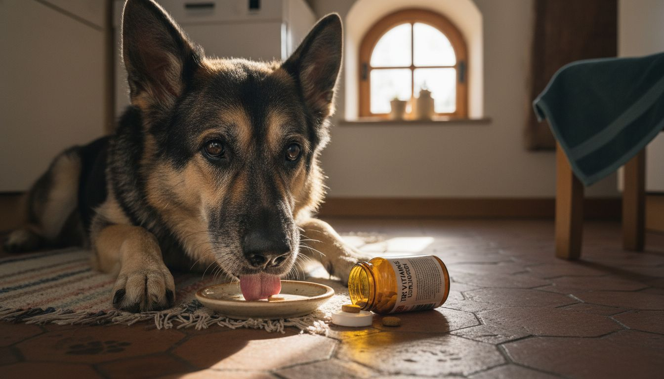 In der Küche bekommt der Hund seine Nahrungsergänzungstablette.