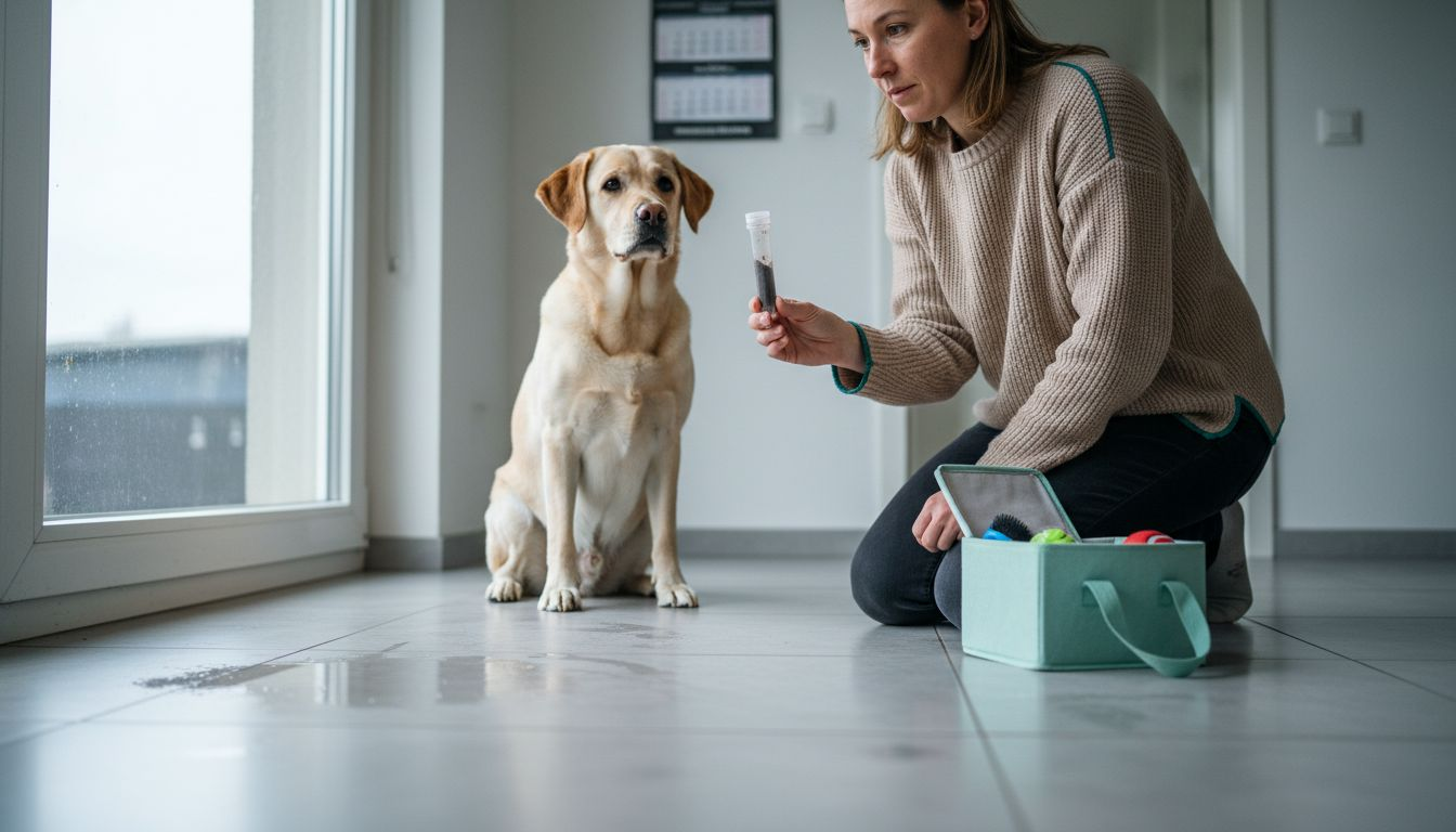 Eine Frau sammelt im Hausflur eine Kotprobe ihres Labradors auf, während der Hund daneben steht.
