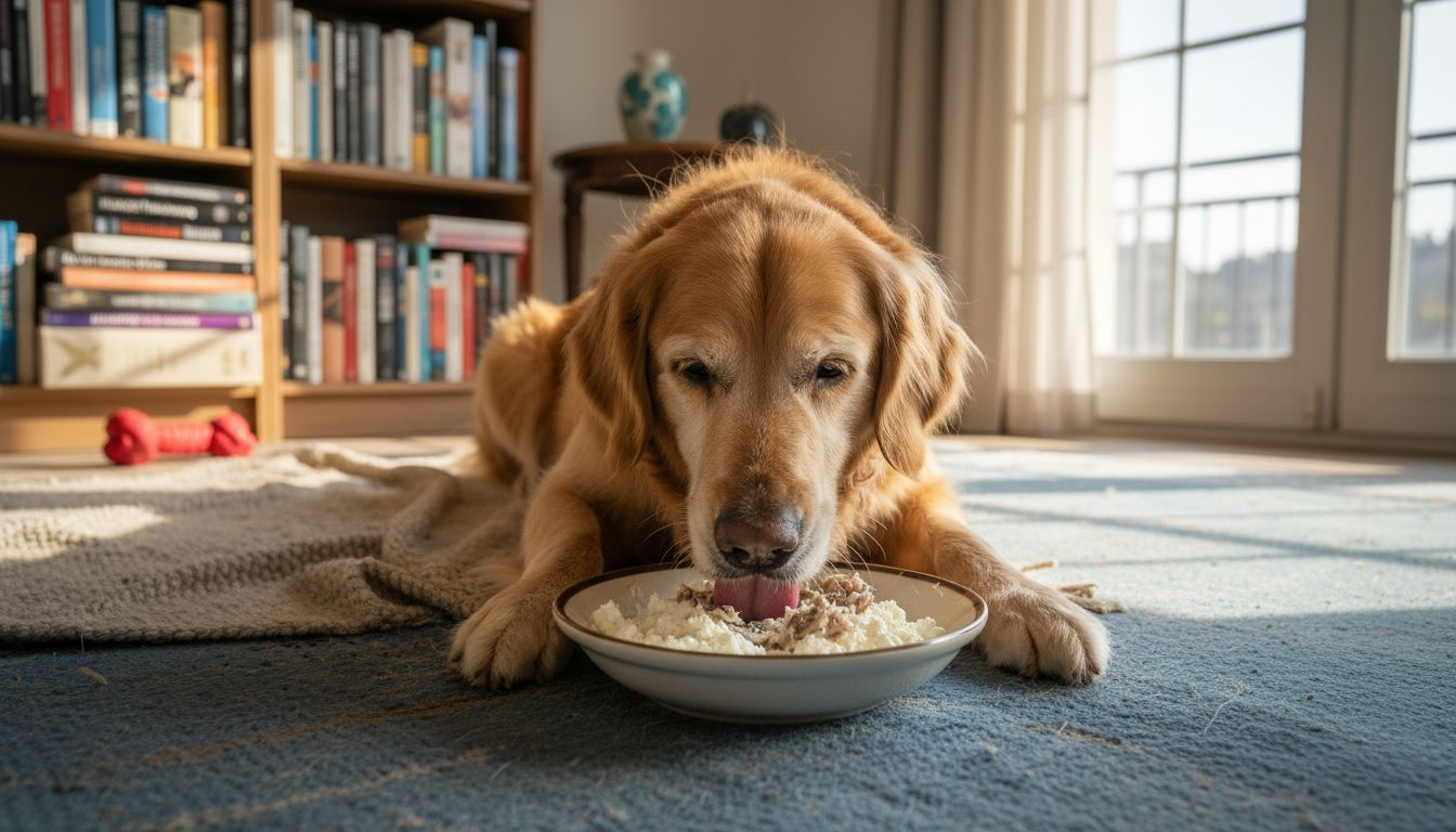 Ein älterer Hund genießt eine gesunde Mahlzeit mit hochwertigem Eiweiß.