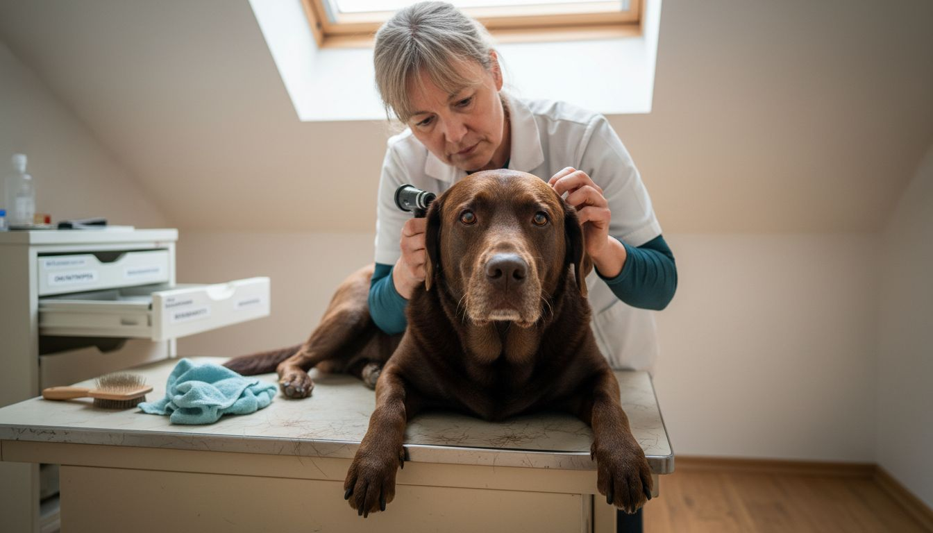In einer freundlich eingerichteten Tierarztpraxis wird ein Hund von einer Tierärztin gründlich untersucht.