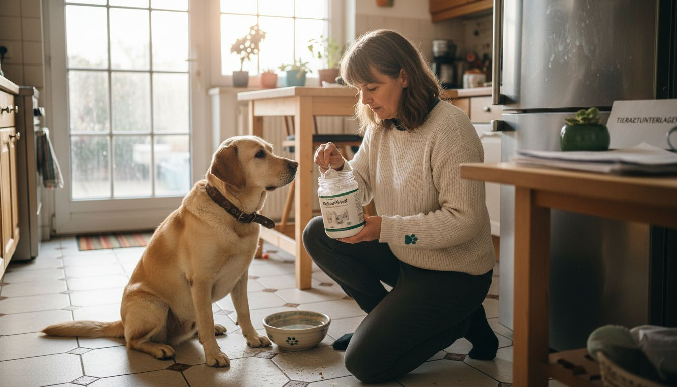 Ein Hundebesitzer bereitet ein Ergänzungsfuttermittel für die Gelenke seines Vierbeiners vor.