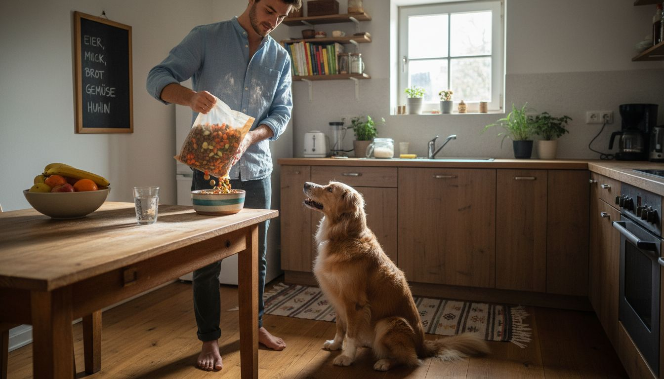 Ein Hundehalter bereitet seinem Vierbeiner eine frische Mahlzeit zu.