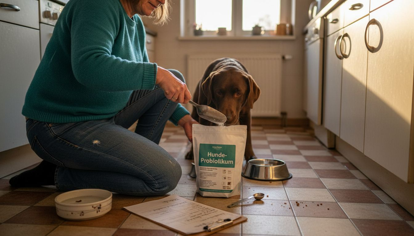 Eine Frau kniet sich hin und gibt ihrem Hund probiotische Nahrungsergänzungsmittel.