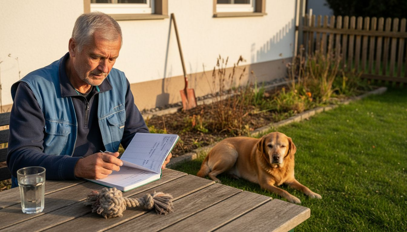 Ein Mann überlegt, wie er seinen Alltag gemeinsam mit seinem entspannten Hund gestalten kann.