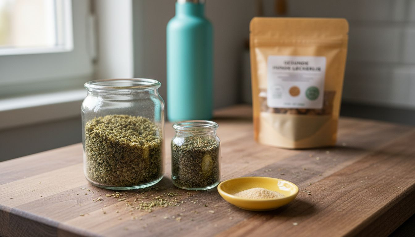 Zutaten für das Gelenkpulver liegen bereit auf der Küchenarbeitsplatte.