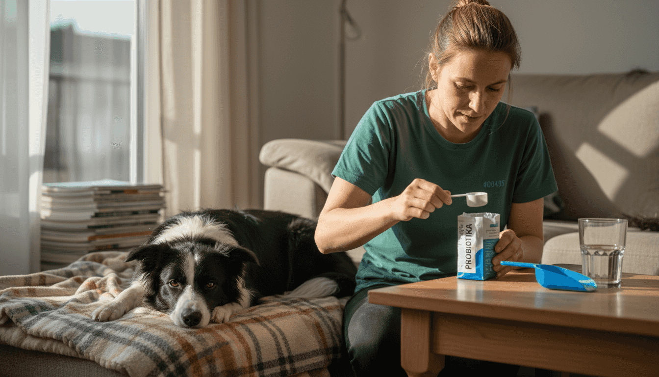 Der Hundebesitzer bereitet spezielle Probiotika zu, damit sein Vierbeiner entspannt und ausgeglichen bleibt.