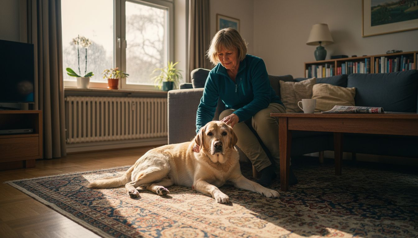 Ein Hund mit Arthrose genießt eine ruhige Auszeit im Wohnzimmer.