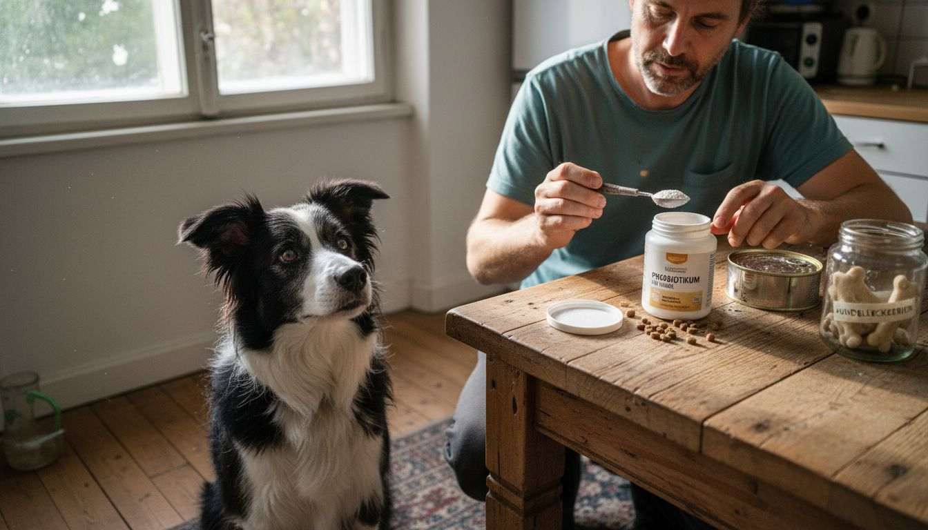Der Hundebesitzer bereitet ein probiotisches Futter zu, während sein neugieriger Vierbeiner gespannt zuschaut.