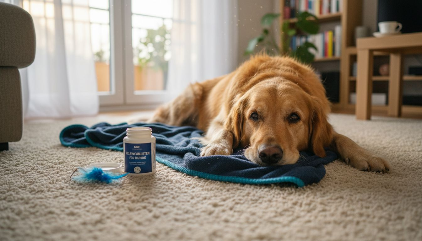 Ein älterer Hund macht es sich im sonnendurchfluteten Wohnzimmer gemütlich.