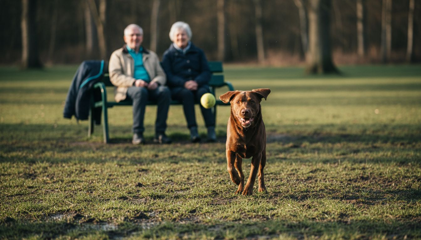 Ein Hund tollt auf der Wiese und spielt mit seinem Ball.