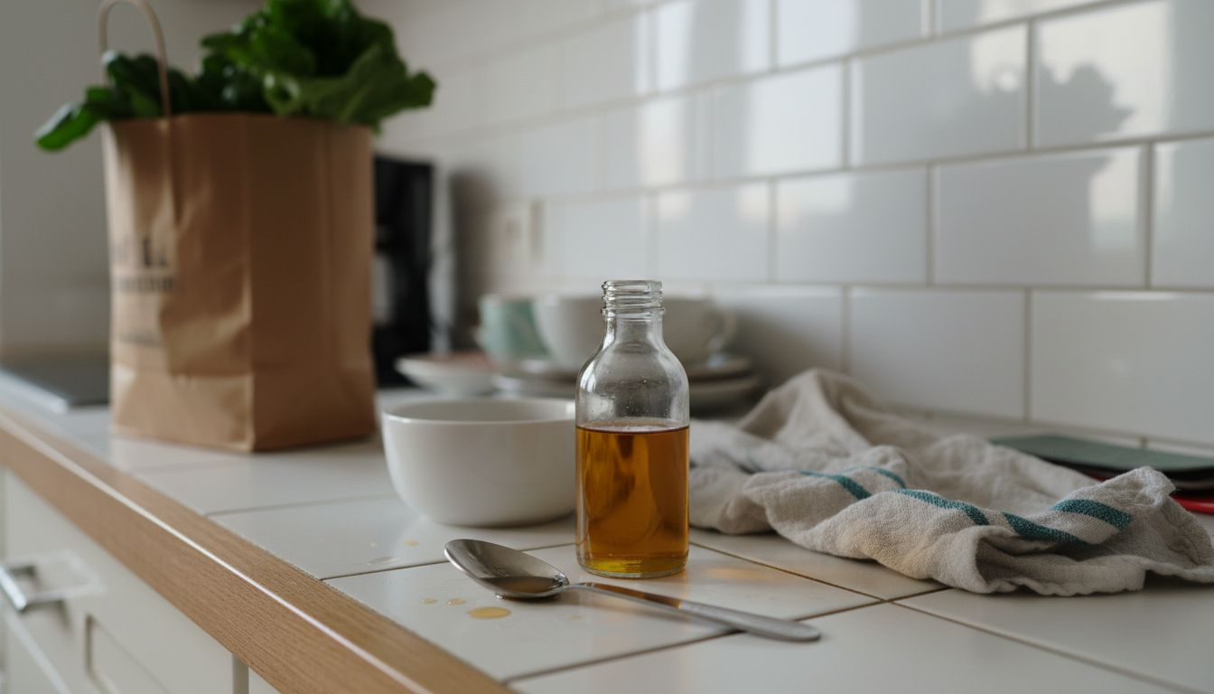 In der Küche steht die Flasche mit Fischöl direkt neben dem Napf vom Hund.