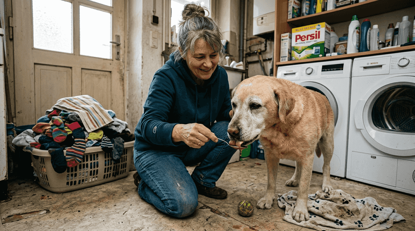 Ein Hundebesitzer gibt seinem Labrador ein Omega-6-Nahrungsergänzungsmittel.