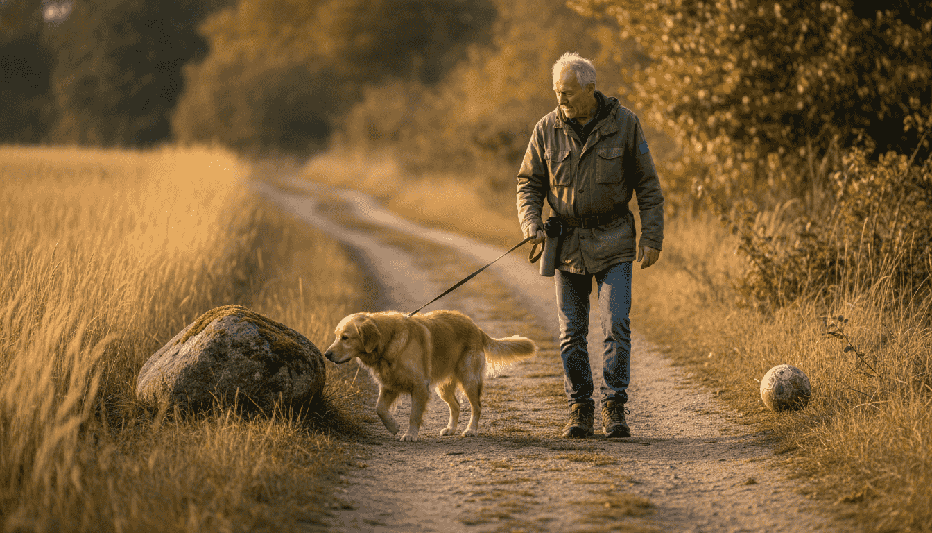 Ein Mann spaziert mit seinem Hund entspannt entlang eines Feldwegs.