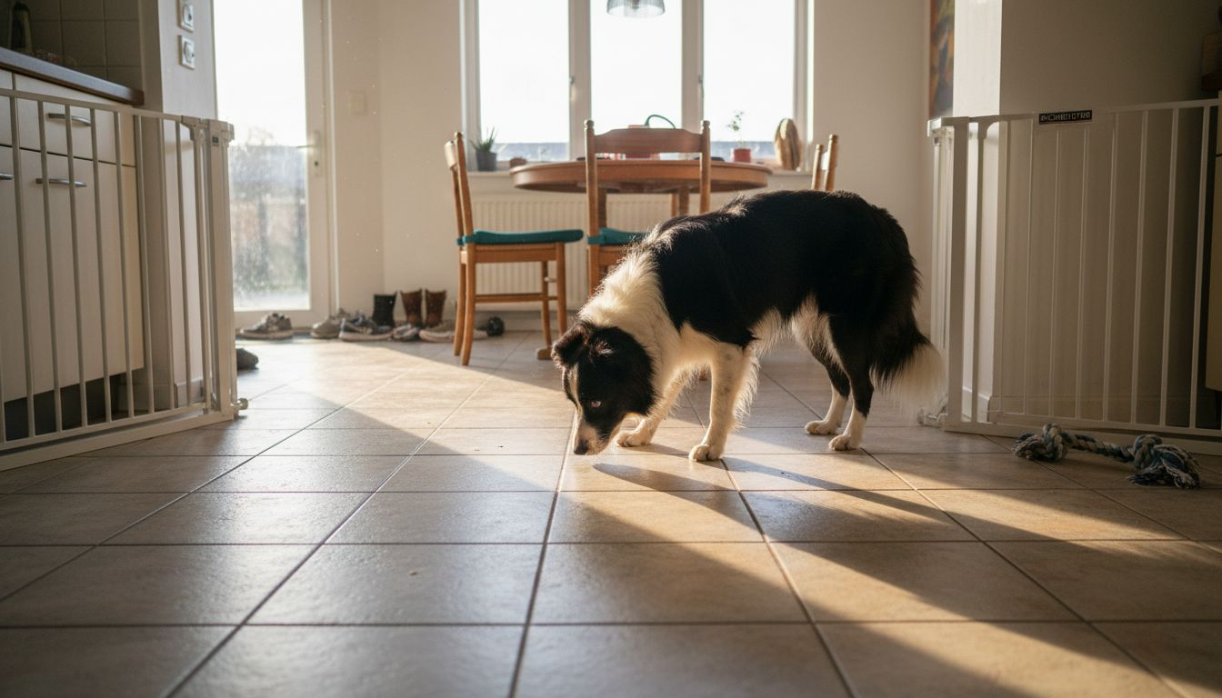 Hund entdeckt neugierig seinen sicheren Trainingsbereich zuhause