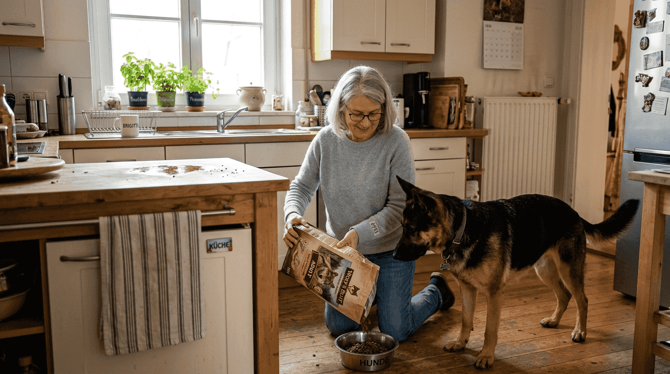 Eine Frau gibt ihrem Hund neben dem Küchenschrank Futter.