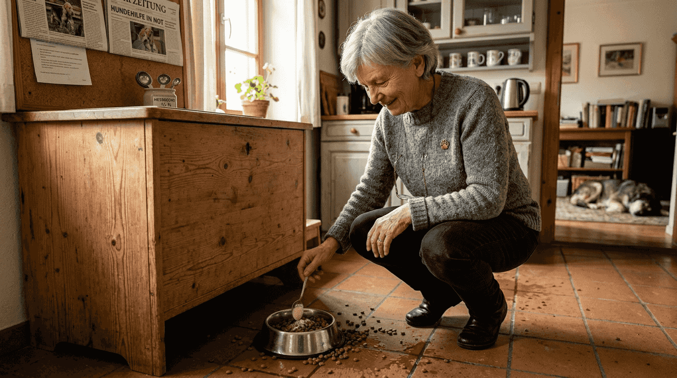 Eine Frau peppt das Futter ihres Hundes mit Vitaminen auf.