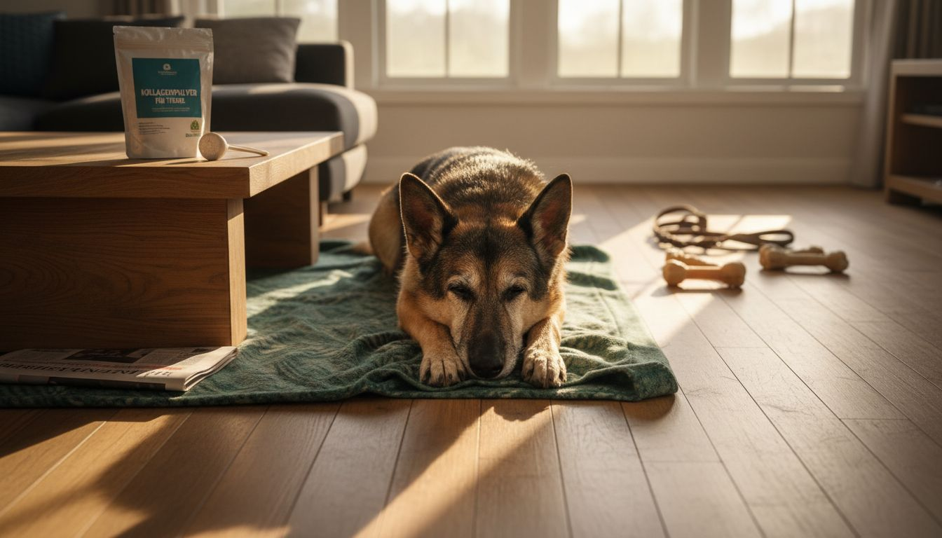 Ein älterer Hund liegt gemütlich auf einer Decke, neben ihm steht eine Dose Kollagenpulver.