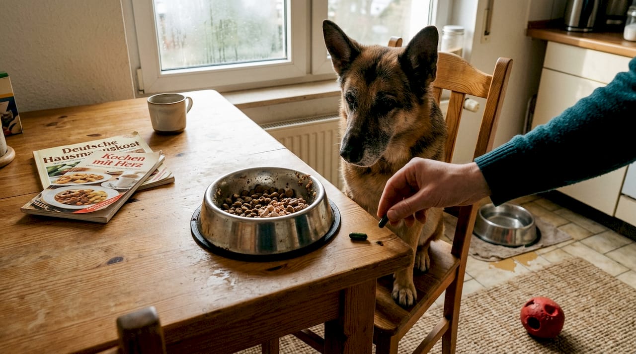Dem Hund wird am Futternapf ein Grünlippmuschel-Präparat gegeben.