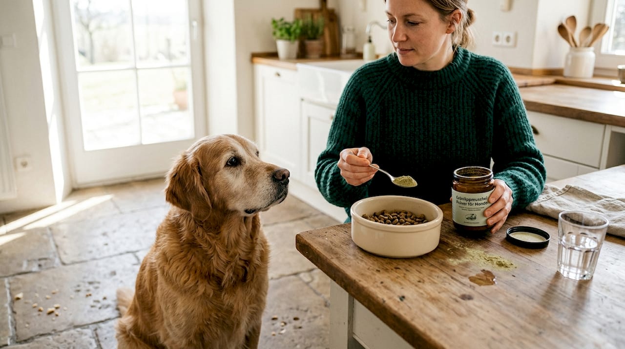Der Hund bekommt ein Nahrungsergänzungsmittel mit Grünlippmuschel.