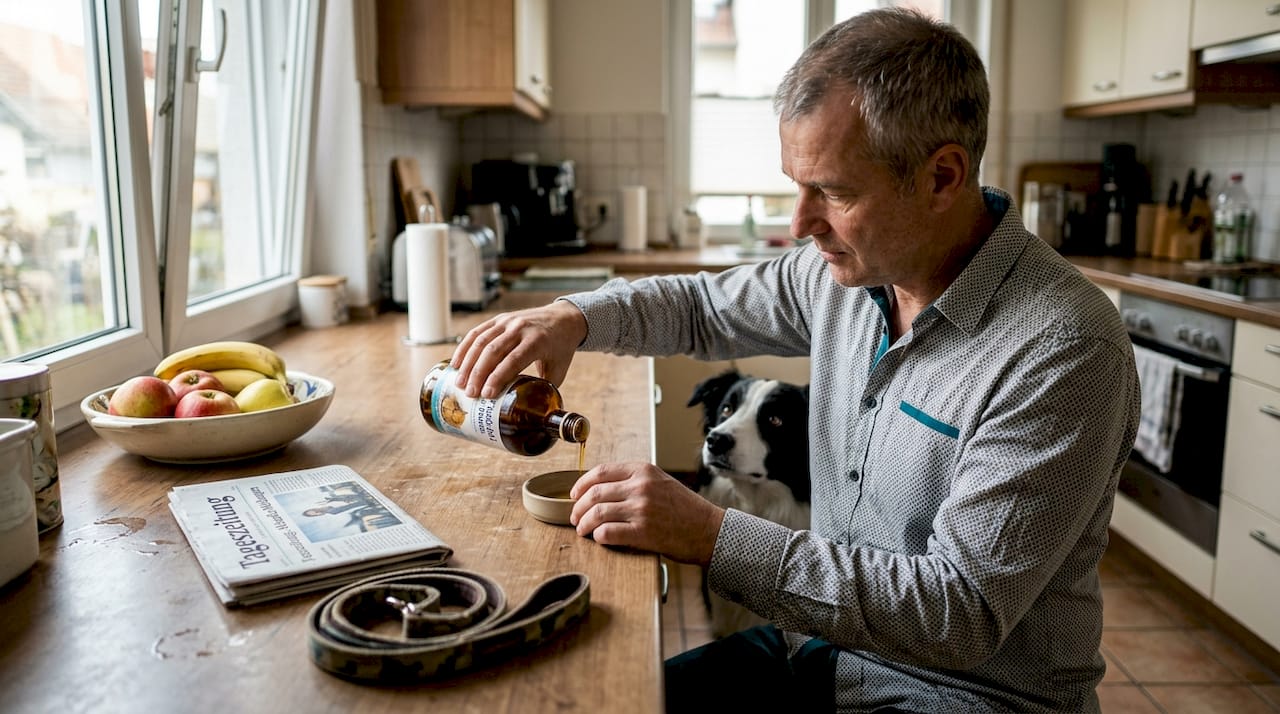 Ein Hundebesitzer bereitet in seiner Küche ein Omega-3-Präparat für seinen Vierbeiner vor.