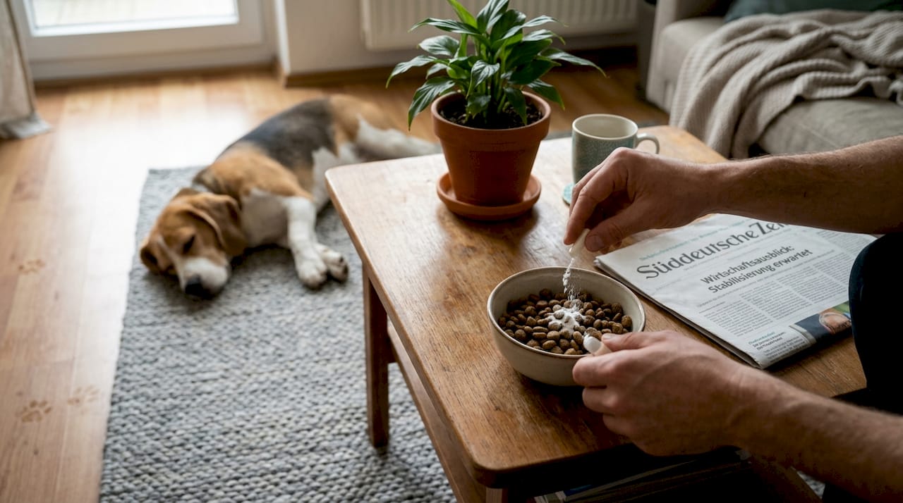 Ein Hund liegt entspannt da, während seinem Futter probiotische Pulver beigefügt werden.