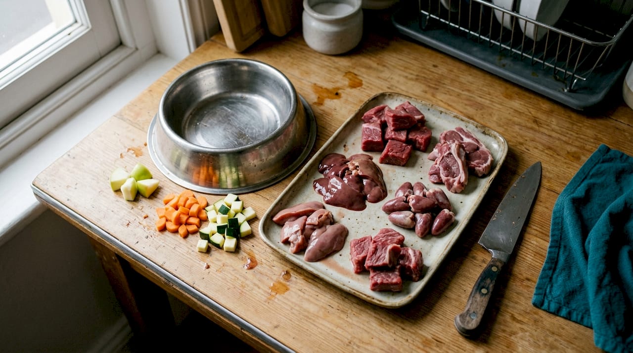 Auswahl an frischem Fleisch und Innereien für Hunde