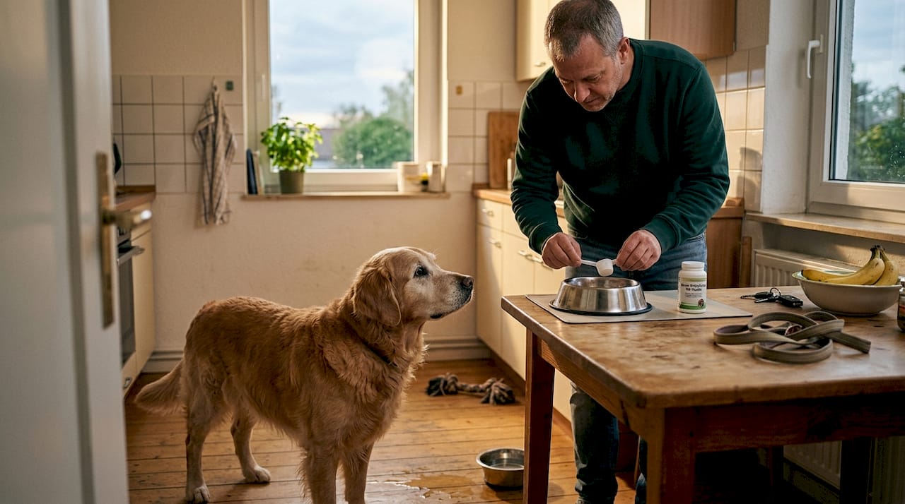 Ein Hundebesitzer bereitet in der Küche eine probiotische Mischung für seinen älteren Vierbeiner zu.