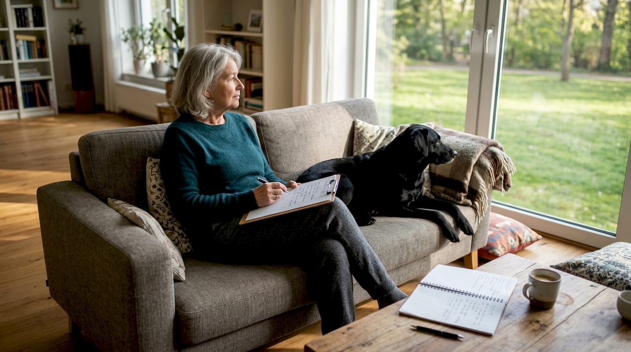 Eine Frau beobachtet, wie sich ihr Hund im Wohnzimmer verhält, und hält seine Aktivitäten schriftlich fest.