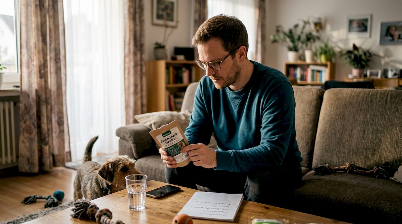 Hundebesitzer wirft zuhause einen prüfenden Blick auf die Verpackung des Produkts.