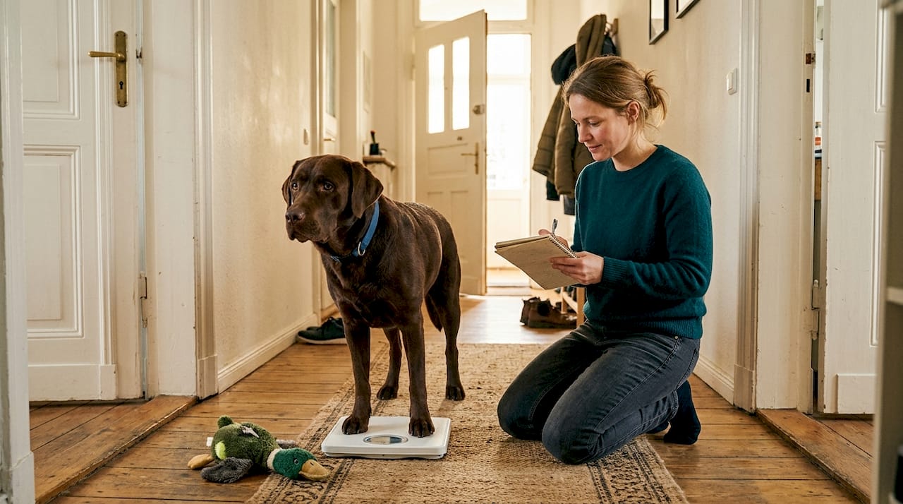 Unser Labrador wird regelmäßig zu Hause auf die Waage gestellt, um sein Gewicht im Blick zu behalten.