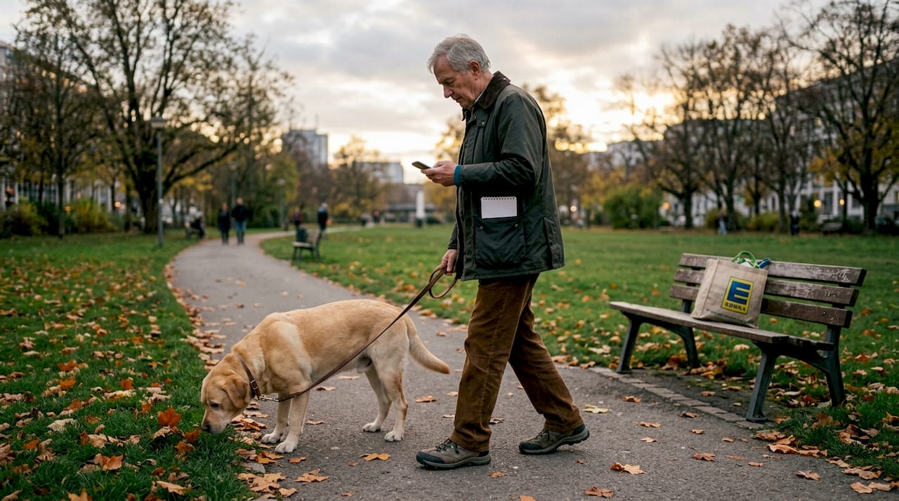 Ein Hundebesitzer spaziert mit seinem Vierbeiner durch den Park.