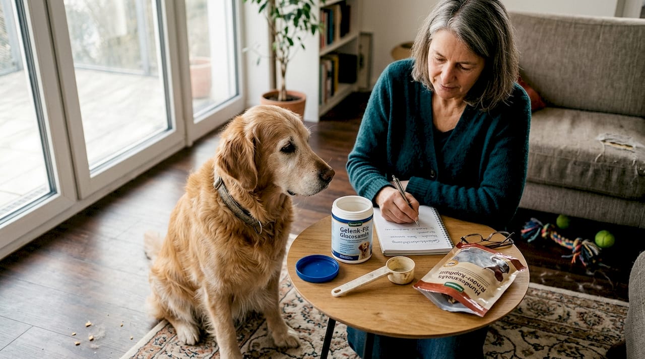Ein Hund sitzt am Wohnzimmertisch, neben ihm steht eine Packung Glucosamin.