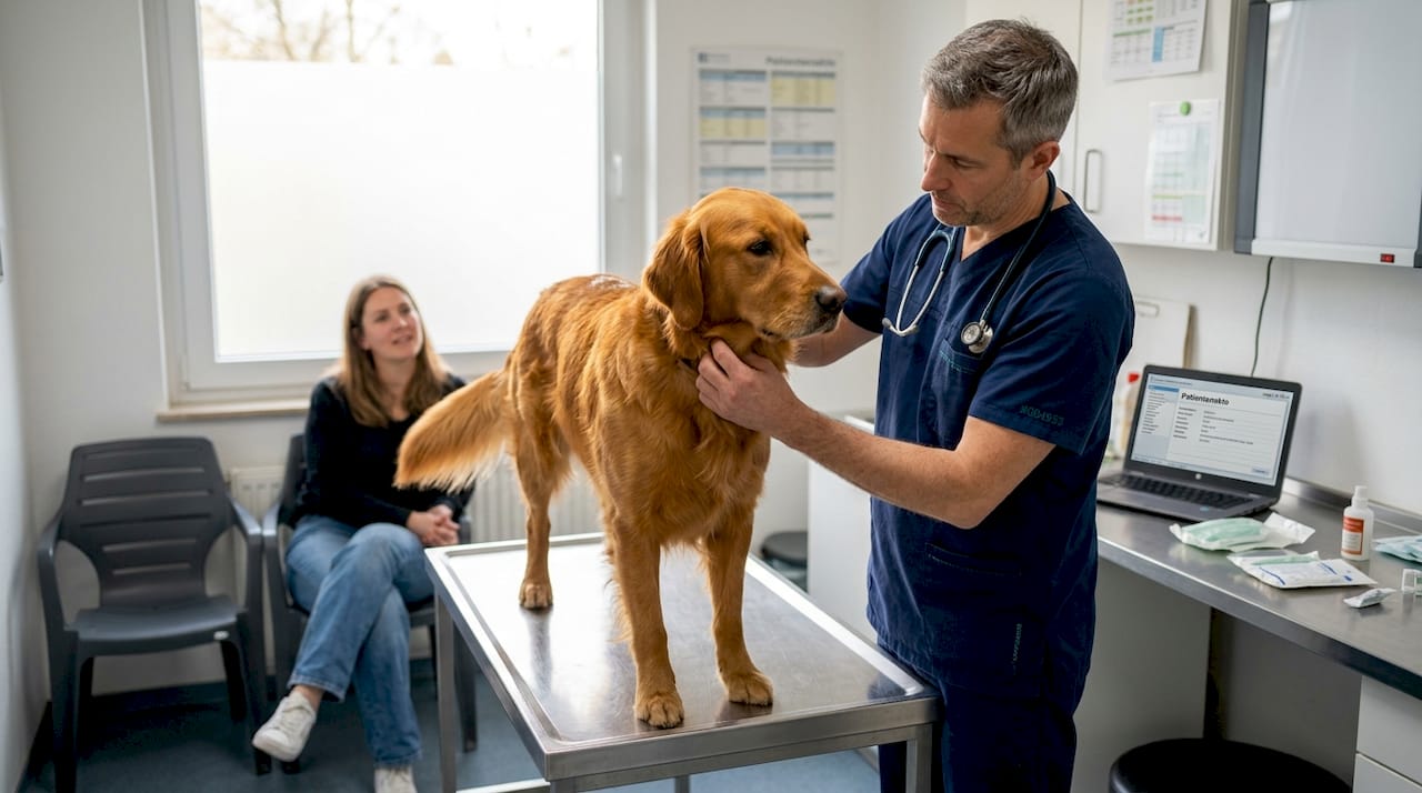 Der Tierarzt untersucht einen Retriever im Behandlungszimmer.