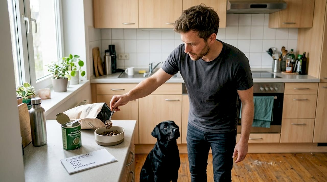 Eine Alltagsszene in der Küche: Hundefutter wird mit Ergänzungsfuttermitteln angerichtet, um dem Vierbeiner eine Extraportion Nährstoffe zu bieten.