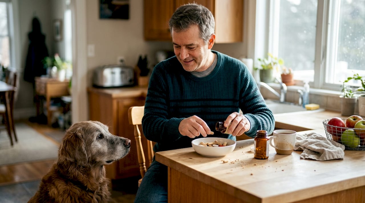 Neugierig verfolgt der Hund, wie sein Herrchen ihm Futterzusätze und Leckerlis vorbereitet.