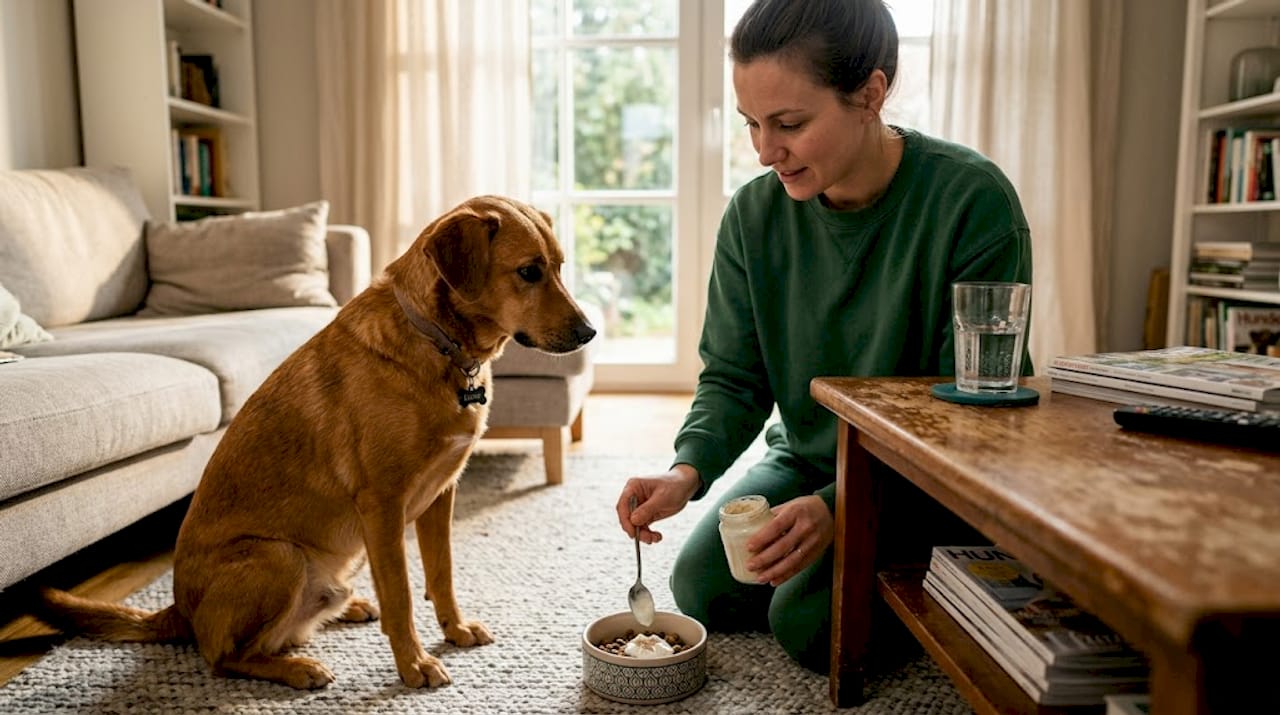 Ein Hund sitzt gespannt und wartet darauf, seinen Joghurt-Leckerli mit Probiotika zu bekommen.