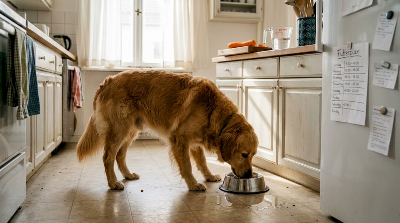 In der lichtdurchfluteten Küche frisst ein Hund zufrieden aus seinem Napf.