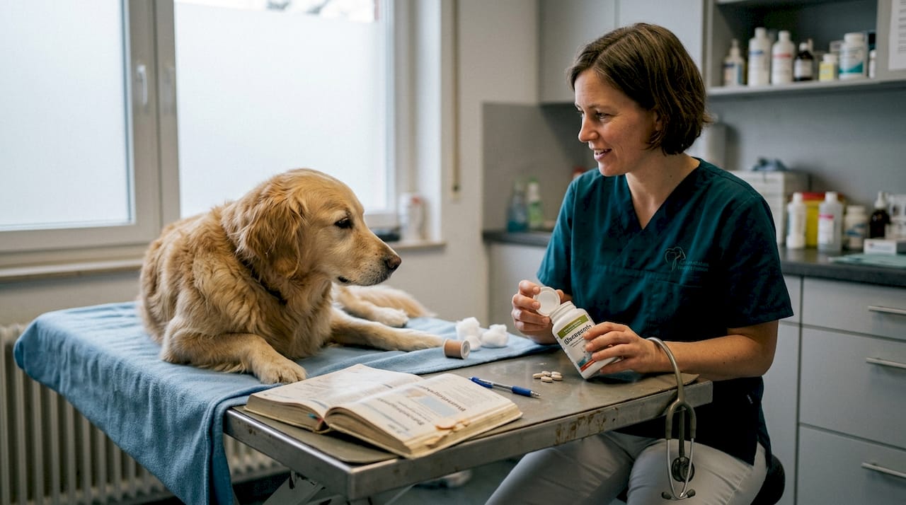 Eine Tierärztin überprüft, ob ein Glucosamin-Präparat für ihren Hund geeignet ist.