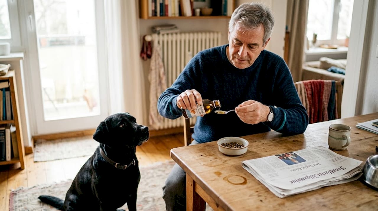 Ein Mann bereitet Fischöl für seinen Labrador vor.