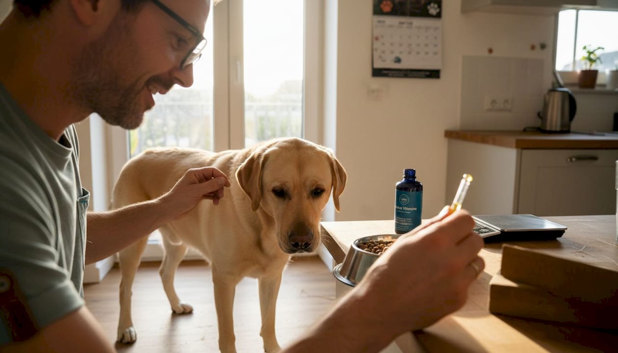 Der Hundebesitzer mischt seinem Vierbeiner Omega-3-Öl ins Futter, um dessen Gesundheit zu unterstützen.