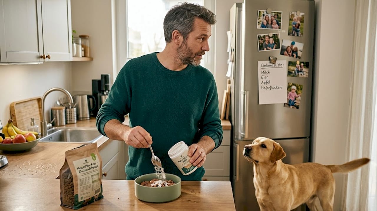 Jemand rührt ein Nahrungsergänzungsmittel unter das Hundefutter.