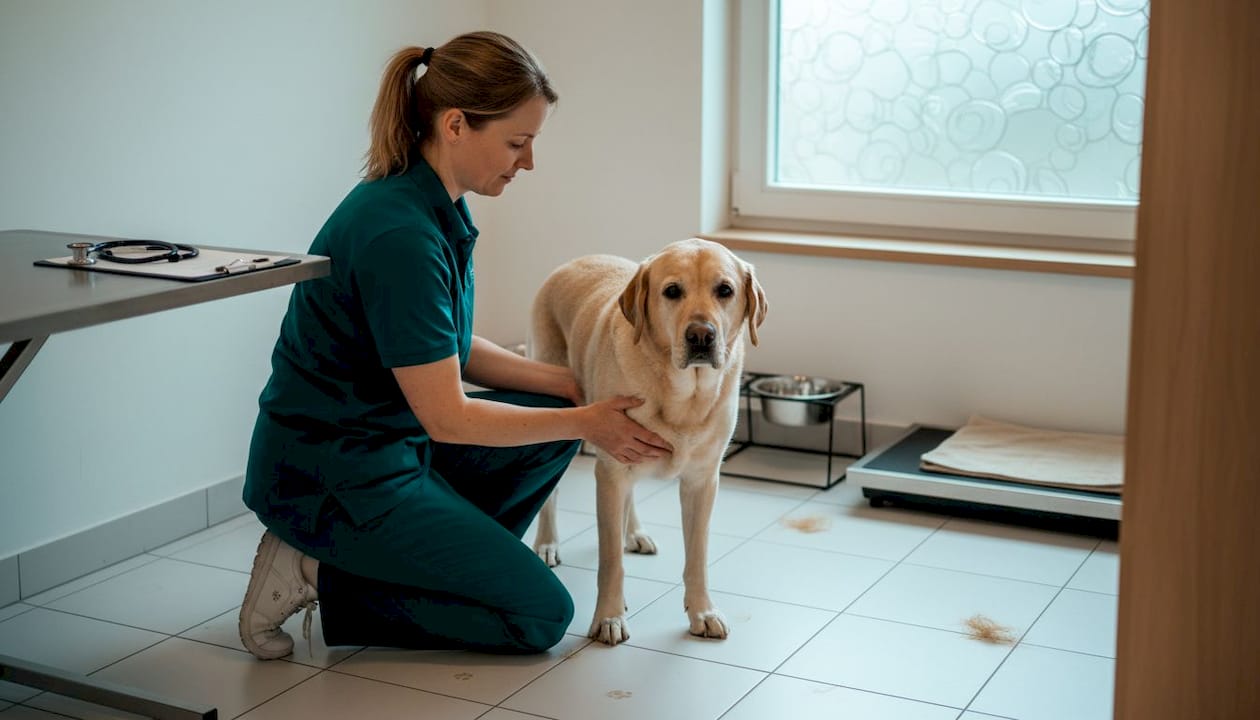In der Tierarztpraxis untersucht die Tierärztin das Bein eines Hundes.