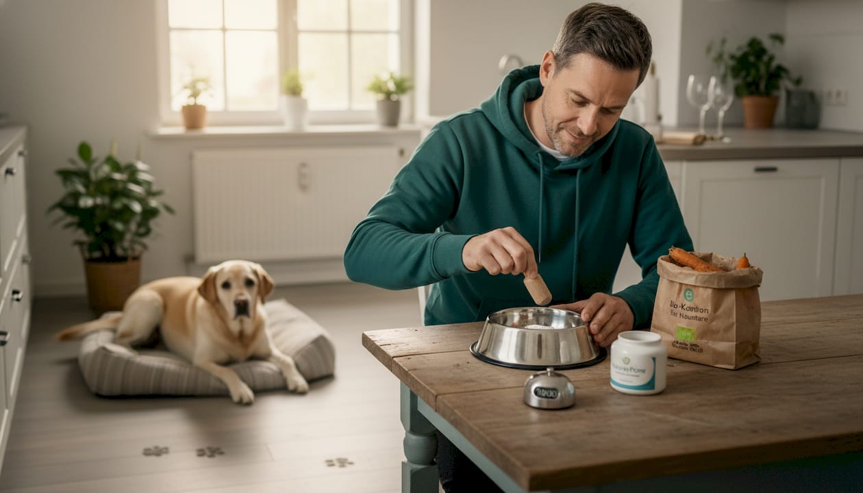 Ein Hundebesitzer stellt eine ausgewogene Mahlzeit für seinen Vierbeiner zusammen und achtet dabei besonders auf gesunde Zutaten.